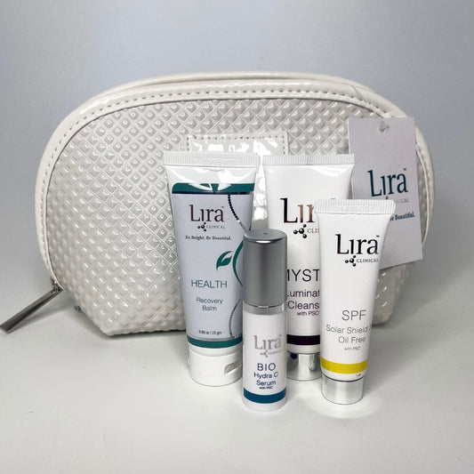 Lira skincare products with a white pouch on a gray background